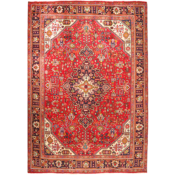 Tabriz Persian Rug 9x6 ft - Semi Antique Medallion Red, Cream Hand Knotted | front view | SKU 111186