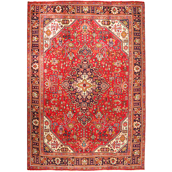 Tabriz Persian Rug 9'10" x 6'10" - Semi Antique Medallion Red, Cream Hand Knotted | front view | SKU 111186