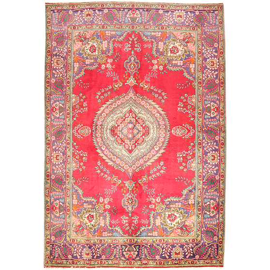Tabriz Persian Rug 10x6 ft - Semi Antique Shah Abbasi, Medallion (Toranj) Red, Cream, Gold Hand Knotted | front view | SKU 111188