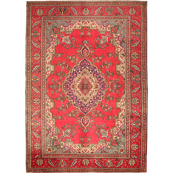Tabriz Persian Rug 11'10" x 8'2" - Semi Antique Medallion Red, Cream Hand Knotted | front view | SKU 111190