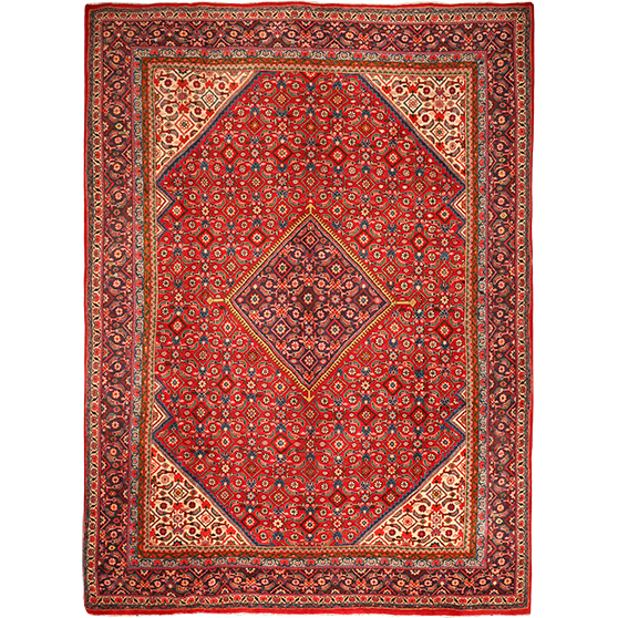 Mahal Persian Rug 13x9 ft - Semi Antique Medallion Ivory, Pink Hand Knotted | front view | SKU 111191