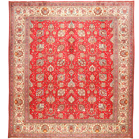 Tabriz Persian Rug 10x10 ft - Semi Antique Medallion Red, Cream Hand Knotted | front view | SKU 111192
