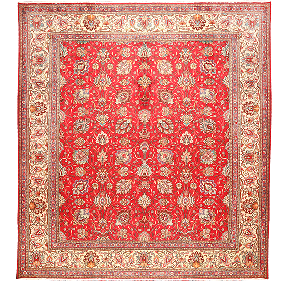 Tabriz Persian Rug 10'11" x 10'1" - Semi Antique Medallion Red, Cream Hand Knotted | front view | SKU 111192