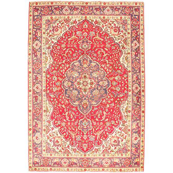 Tabriz Persian Rug 10x6 ft - Semi Antique Shah Abbasi, Medallion (Toranj) Madder Red, Cream, Navy Blue Hand Knotted | front view | SKU 111194
