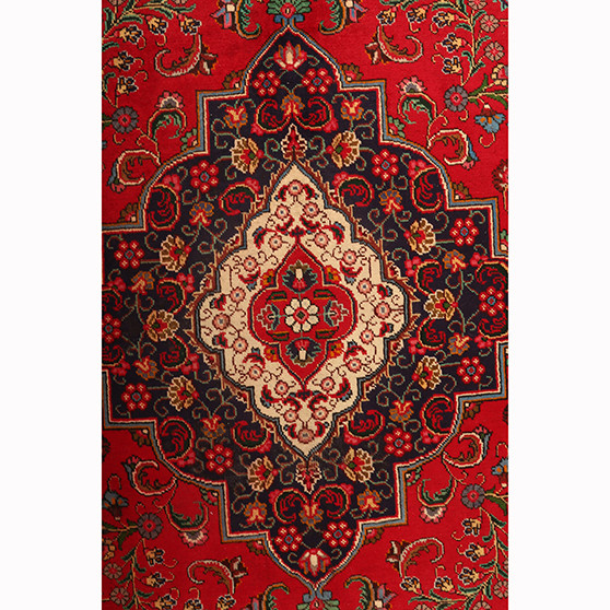 Tabriz Persian Rug 9x9 ft - Semi Antique Medallion (Toranj), Shah Abbasi Red, Cream, Dark Red Hand Knotted | front view | SKU 111195