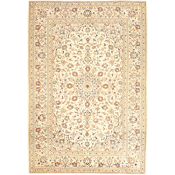 Kashan Persian Rug 9x6 ft - Semi Antique Medallion Toranj, Shah Abbasi Cream, Beige, Rust Red Hand Knotted | front view | SKU 111196