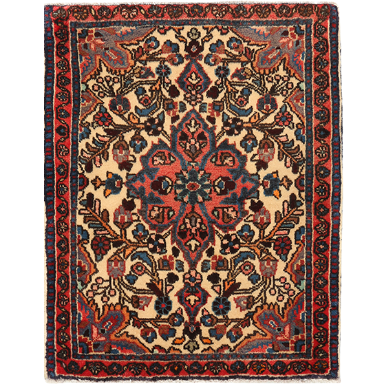 Arak Persian Rug 2x1 ft - Semi Antique Shah Abbasi, Medallion (Toranj) Cream, Madder Red, Navy Blue Hand Knotted | front view | SKU 111206
