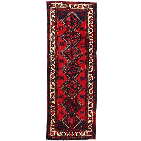 Saveh Persian Rug 10'0" x 3'5" - Semi Antique Medallion Red, Brown Hand Knotted | front view | SKU 111207