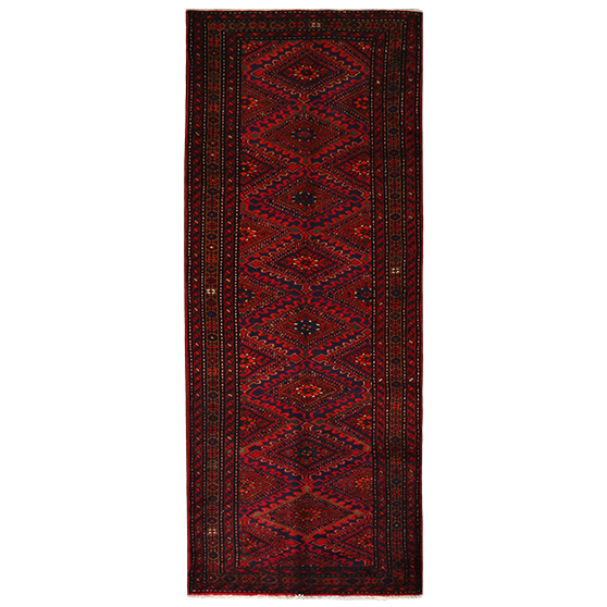 Lori Persian Rug 9'10" x 3'8" - Semi Antique Geometric Red, Brown Hand Knotted | front view | SKU 111208
