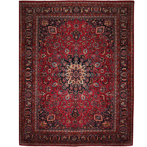 Mashad Persian Rug 13'1" x 10'2" - Semi Antique Medallion Crimson, Ultramarine Hand Knotted | front view | SKU 111209