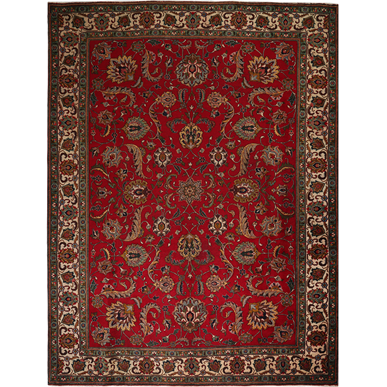 Tabriz Persian Rug 13'1" x 9'8" - Semi Antique Medallion Red, Cream Hand Knotted | front view | SKU 111210
