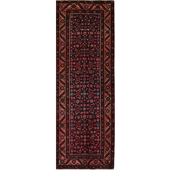 Hamadan Persian Rug 9'11" x 3'3" - Semi Antique Afshan Red, Blue Hand Knotted | front view | SKU 111214
