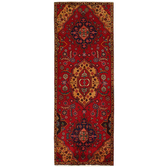 Tabriz Persian Rug 7x2 ft - Semi Antique Medallion (Toranj), Vase Red, Orange, Navy Blue Hand Knotted | front view | SKU 111215