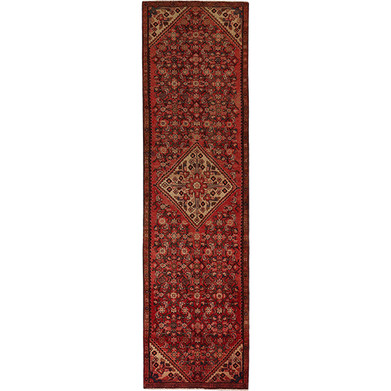 Hamadan Persian Rug 11'10" x 2'11" - Semi Antique Afshan Red, Blue Hand Knotted | front view | SKU 111216