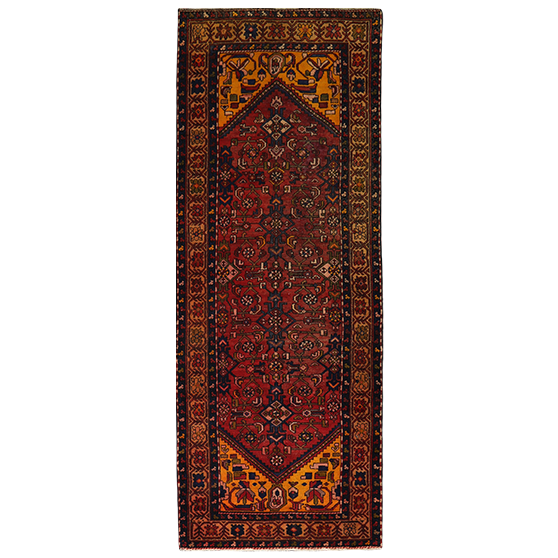 Hamadan Persian Rug 10'3" x 3'7" - Semi Antique Afshan Red, Blue Hand Knotted | front view | SKU 111217