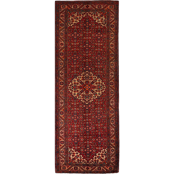 Hosseinabad Persian Rug 10x3 ft - Semi Antique Medallion (Toranj), Herati (Mahi) Dark Red, Crimson, Ivory Hand Knotted | front view | SKU 111218