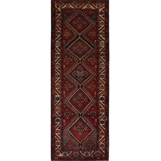 Hamadan Persian Rug 10'7" x 3'8" - Semi Antique Afshan Red, Blue Hand Knotted | front view | SKU 111219