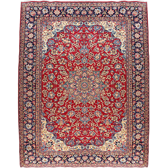 Najafabad Persian Rug 13x9 ft - Semi Antique Medallion (Toranj), Shah Abbasi Madder Red, Navy Blue, Ivory Hand Knotted | front view | SKU 111220