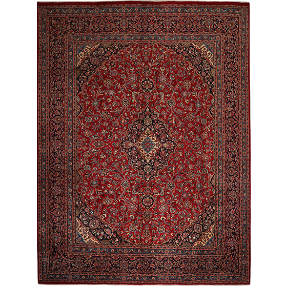 Mashad Persian Rug 12'12" x 9'10" - Semi Antique Medallion Crimson, Ultramarine Hand Knotted | front view | SKU 111221