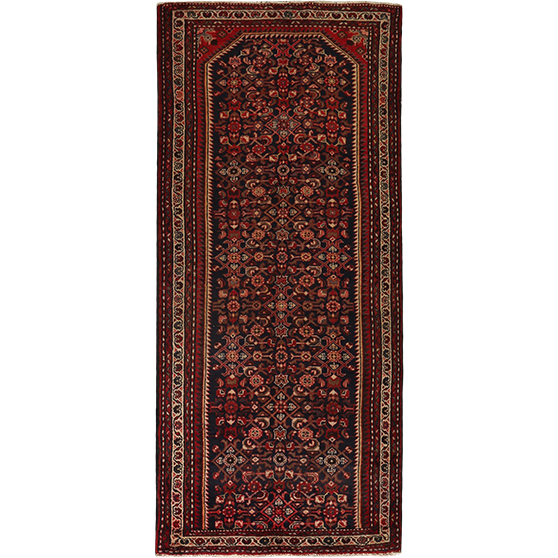 Hamadan Persian Rug 8'10" x 3'9" - Semi Antique Afshan Red, Blue Hand Knotted | front view | SKU 111226