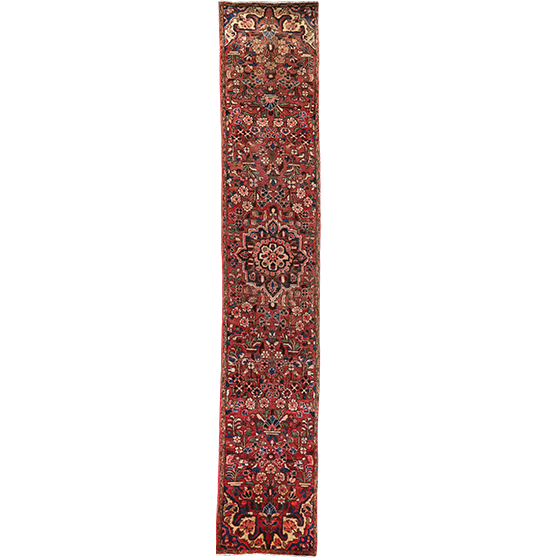 Hamadan Persian Rug 13x2 ft - Semi Antique Afshan Red, Blue Hand Knotted | front view | SKU 111228