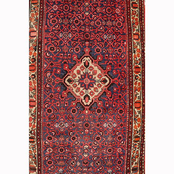 Hamadan Persian Rug 9x3 ft - Semi Antique Medallion (Toranj), Herati (Mahi) Madder Red, Navy Blue, Crimson Hand Knotted | front view | SKU 111230
