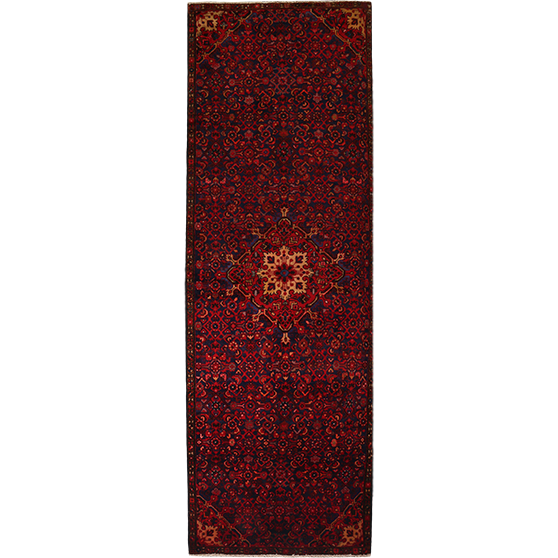 Hamadan Persian Rug 12'12" x 3'10" - Semi Antique Afshan Red, Blue Hand Knotted | front view | SKU 111235