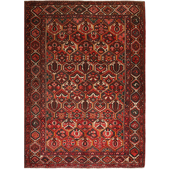 Bakhtiari Persian Rug 9x7 ft - Semi Antique Geometric, Diamond Lattice Madder Red, Dark Red, Burgundy Hand Knotted | front view | SKU 111301