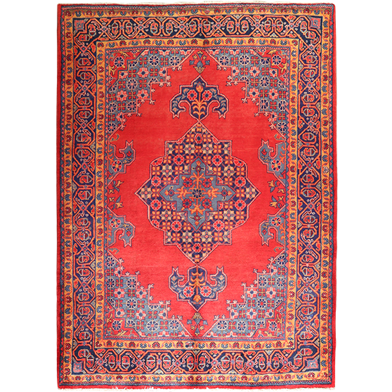 Vist Persian Rug 10x5 ft - Semi Antique Medallion (Toranj), Geometric Red, Navy Blue, Blue Hand Knotted | front view | SKU 111302