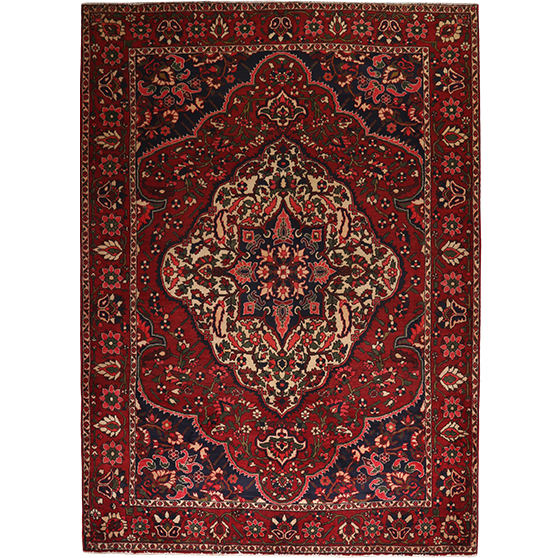 Bakhtiari Persian Rug 9'10" x 6'11" - Semi Antique Medallion Blue, Crimson Hand Knotted | front view | SKU 111303