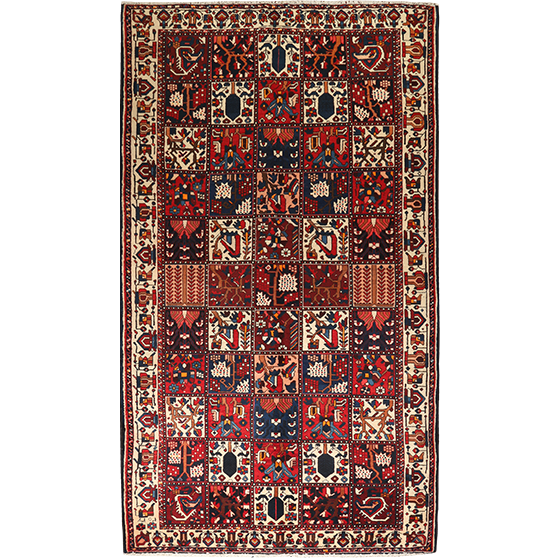 Bakhtiari Persian Rug 9x5 ft - Semi Antique Medallion Blue, Crimson Hand Knotted | front view | SKU 111304