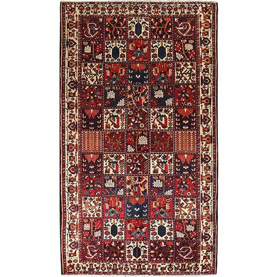 Bakhtiari Persian Rug 9x5 ft - Semi Antique Kheshti (Garden), Geometric Madder Red, Cream, Navy Blue Hand Knotted | front view | SKU 111304