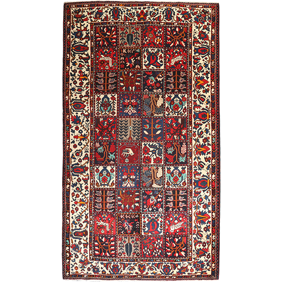 Bakhtiari Persian Rug 10x5 ft - Semi Antique Kheshti (Garden), Geometric Madder Red, Ivory, Navy Blue Hand Knotted | front view | SKU 111305