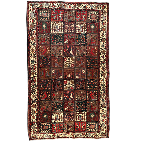 Bakhtiari Persian Rug 10'1" x 5'9" - Semi Antique Medallion Blue, Crimson Hand Knotted | front view | SKU 111306