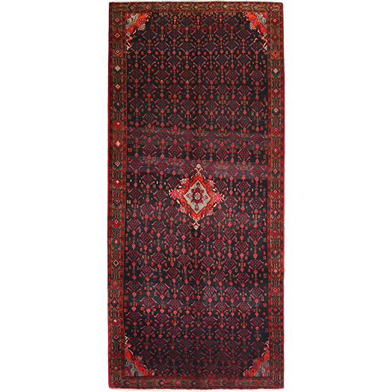 Bijar Persian Rug 11x4 ft - Semi Antique Medallion Crimson, Navy Blue Hand Knotted | front view | SKU 111307
