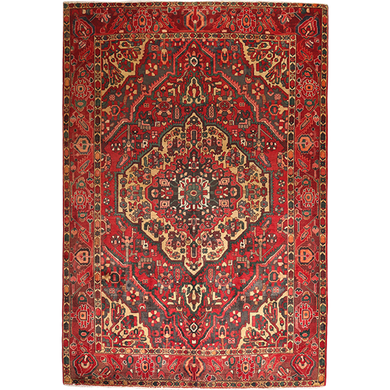 Bakhtiari Persian Rug 10x6 ft - Semi Antique Medallion (Toranj), Geometric Madder Red, Crimson, Dark Red Hand Knotted | front view | SKU 111311