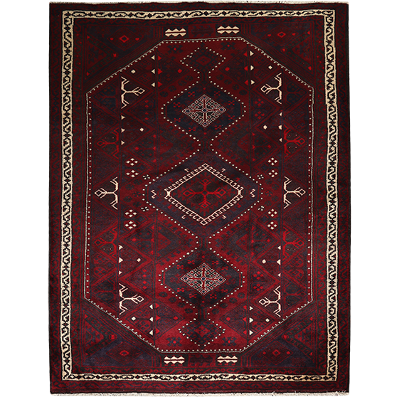 Lori Persian Rug 9x7 ft - Semi Antique Geometric, Diamond Lattice Dark Red, Burgundy, Ivory Hand Knotted | front view | SKU 111312