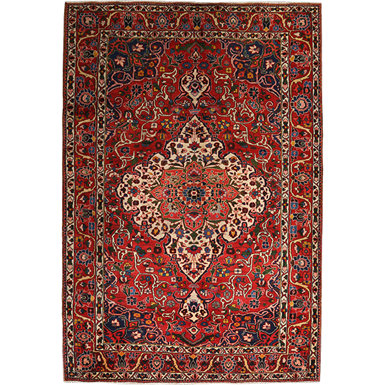 Bakhtiari Persian Rug 10'7" x 6'11" - Semi Antique Medallion Blue, Crimson Hand Knotted | front view | SKU 111313