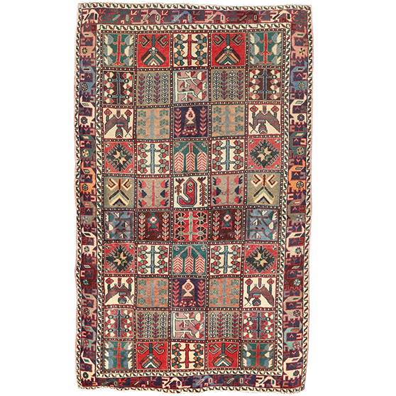 Bakhtiari Persian Rug 9'8" x 5'11" - Semi Antique Medallion Blue, Crimson Hand Knotted | front view | SKU 111314