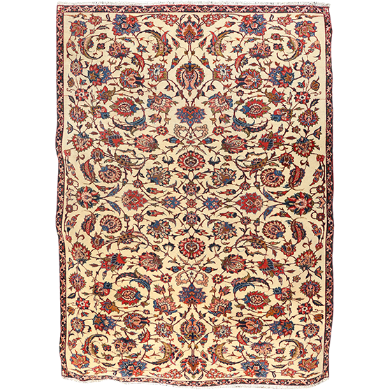 Isfahan Persian Rug 9x6 ft - Semi Antique Afshan (All-Over), Shah Abbasi Cream, Madder Red, Navy Blue Hand Knotted | front view | SKU 111316