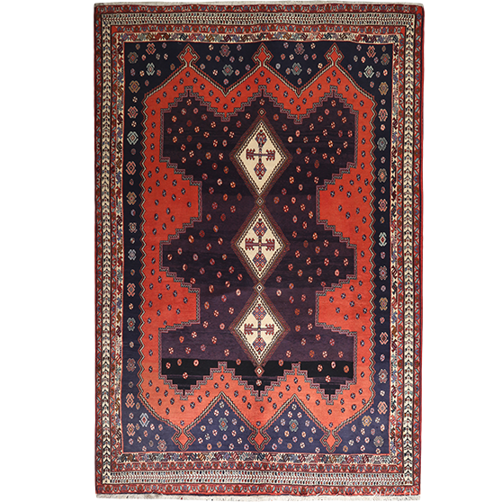 Sirjan Persian Rug 8x5 ft - Semi Antique Medallion (Toranj), Geometric Navy Blue, Madder Red, Cream Hand Knotted | front view | SKU 111320