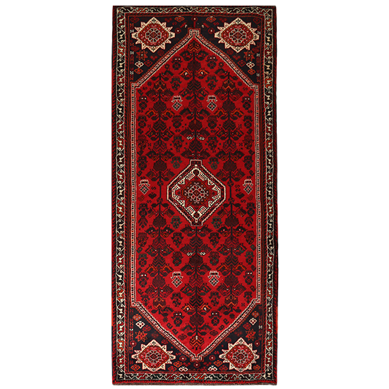 Lori Persian Rug 9'9" x 4'1" - Semi Antique Geometric Red, Brown Hand Knotted | front view | SKU 111321