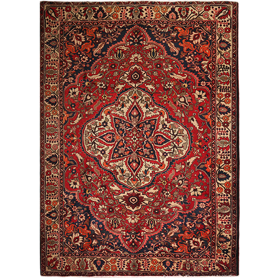 Bakhtiari Persian Rug 11'10" x 8'6" - Semi Antique Medallion Blue, Crimson Hand Knotted | front view | SKU 111324