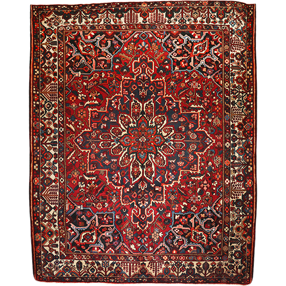 Bakhtiari Persian Rug 13'0" x 10'5" - Semi Antique Medallion Blue, Crimson Hand Knotted | front view | SKU 111326