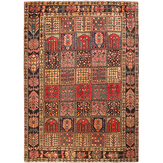 Bakhtiari Persian Rug 9x6 ft - Semi Antique Kheshti Garden, Geometric Madder Red, Cream, Navy Blue Hand Knotted | front view | SKU 111327