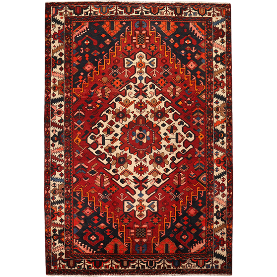 Bakhtiari Persian Rug 10x6 ft - Semi Antique Medallion Blue, Crimson Hand Knotted | front view | SKU 111329