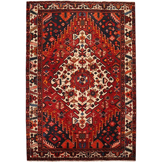 Bakhtiari Persian Rug 10'3" x 6'12" - Semi Antique Medallion Blue, Crimson Hand Knotted | front view | SKU 111329