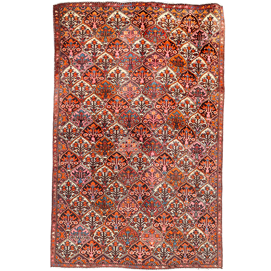 Bakhtiari Persian Rug 8x5 ft - Semi Antique Afshan (All-Over), Herati (Mahi) Madder Red, Rust Red, Cream Hand Knotted | front view | SKU 111330