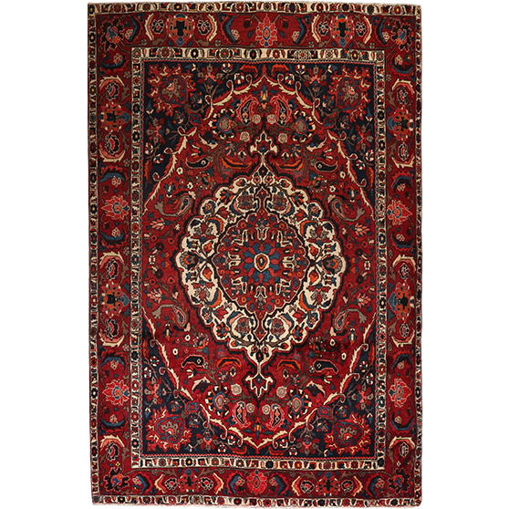 Bakhtiari Persian Rug 10x6 ft - Semi Antique Medallion Blue, Crimson Hand Knotted | front view | SKU 111331