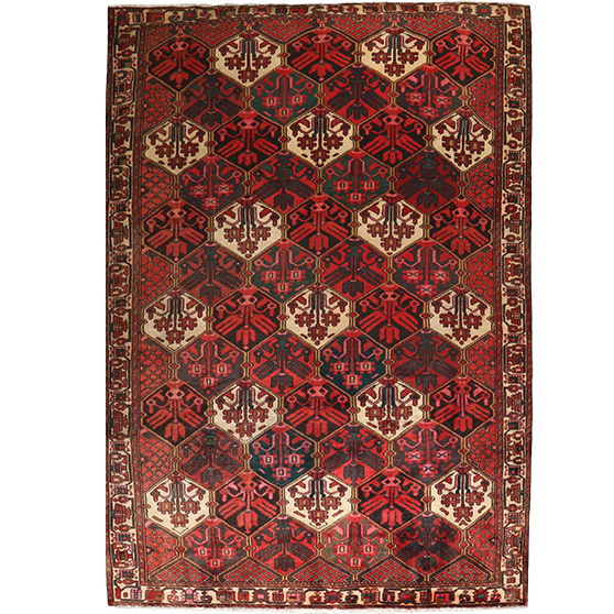 Bakhtiari Persian Rug 9x7 ft - Semi Antique Diamond Lattice, Geometric Dark Red, Crimson, Ivory Hand Knotted | front view | SKU 111332